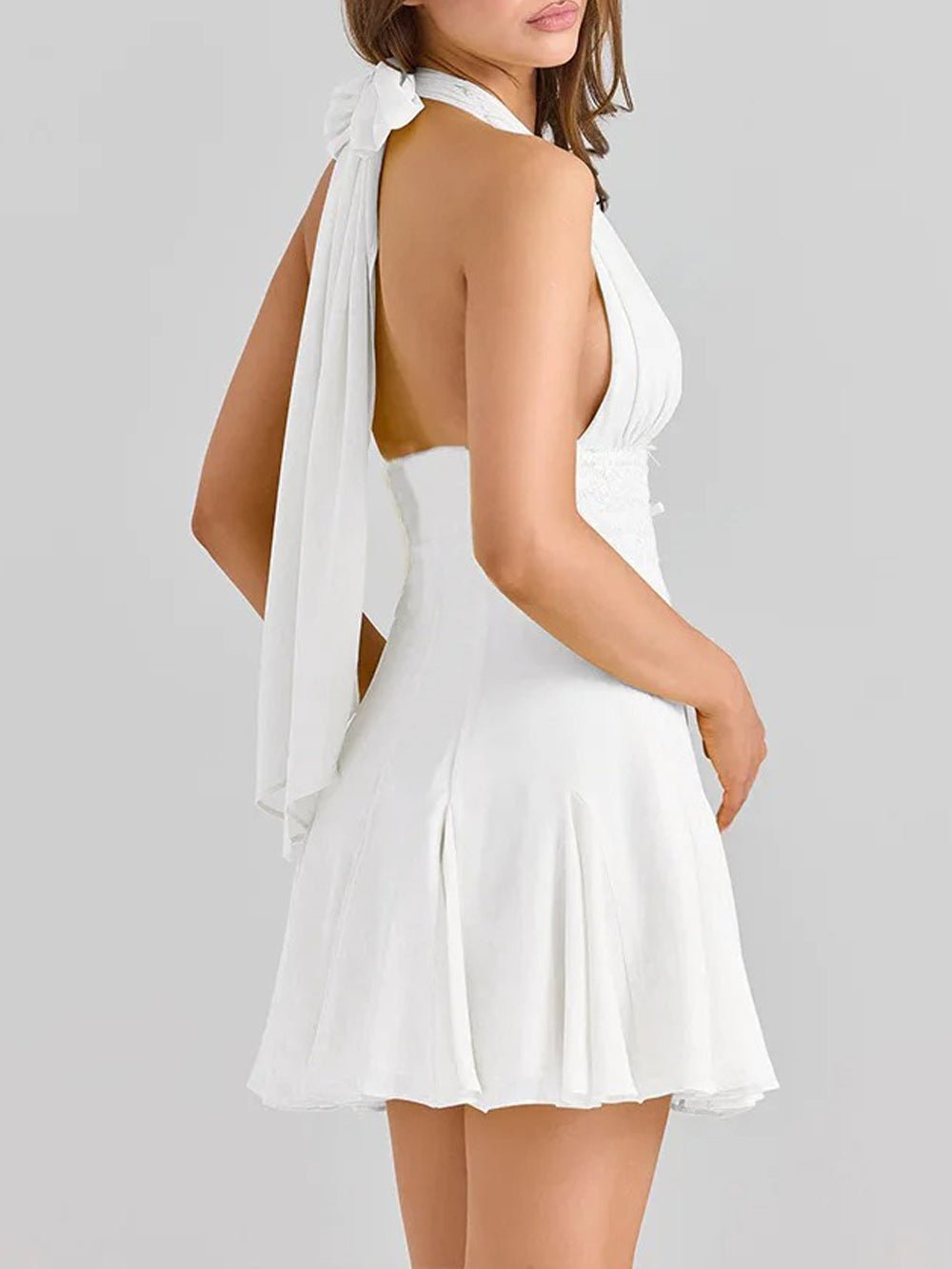 Halter Neck Deep V-Neck Lace Waistband Knife Pleat Mini Dress