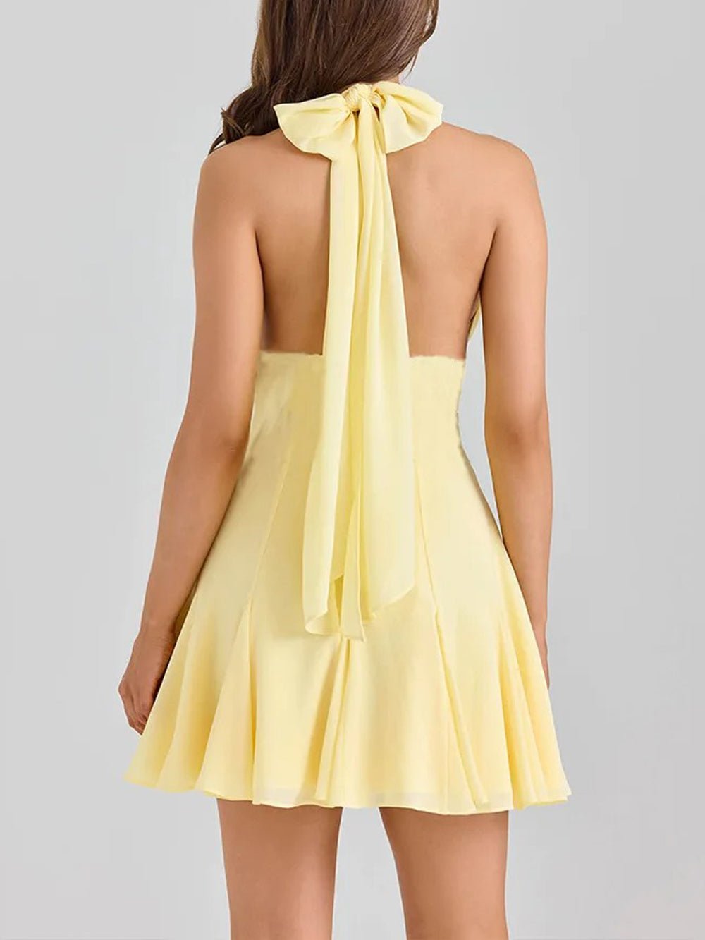 Halter Neck Deep V-Neck Lace Waistband Knife Pleat Mini Dress