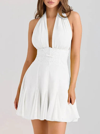 Halter Neck Deep V-Neck Lace Waistband Knife Pleat Mini Dress