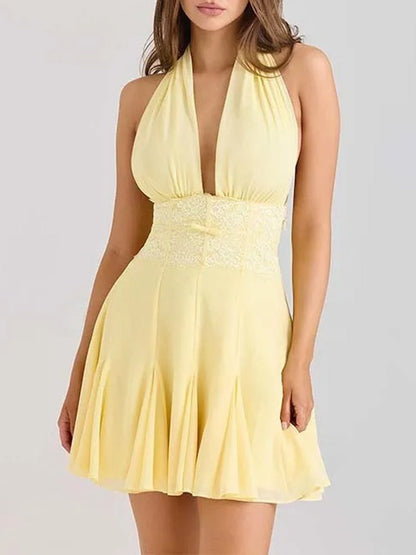 Halter Neck Deep V-Neck Lace Waistband Knife Pleat Mini Dress