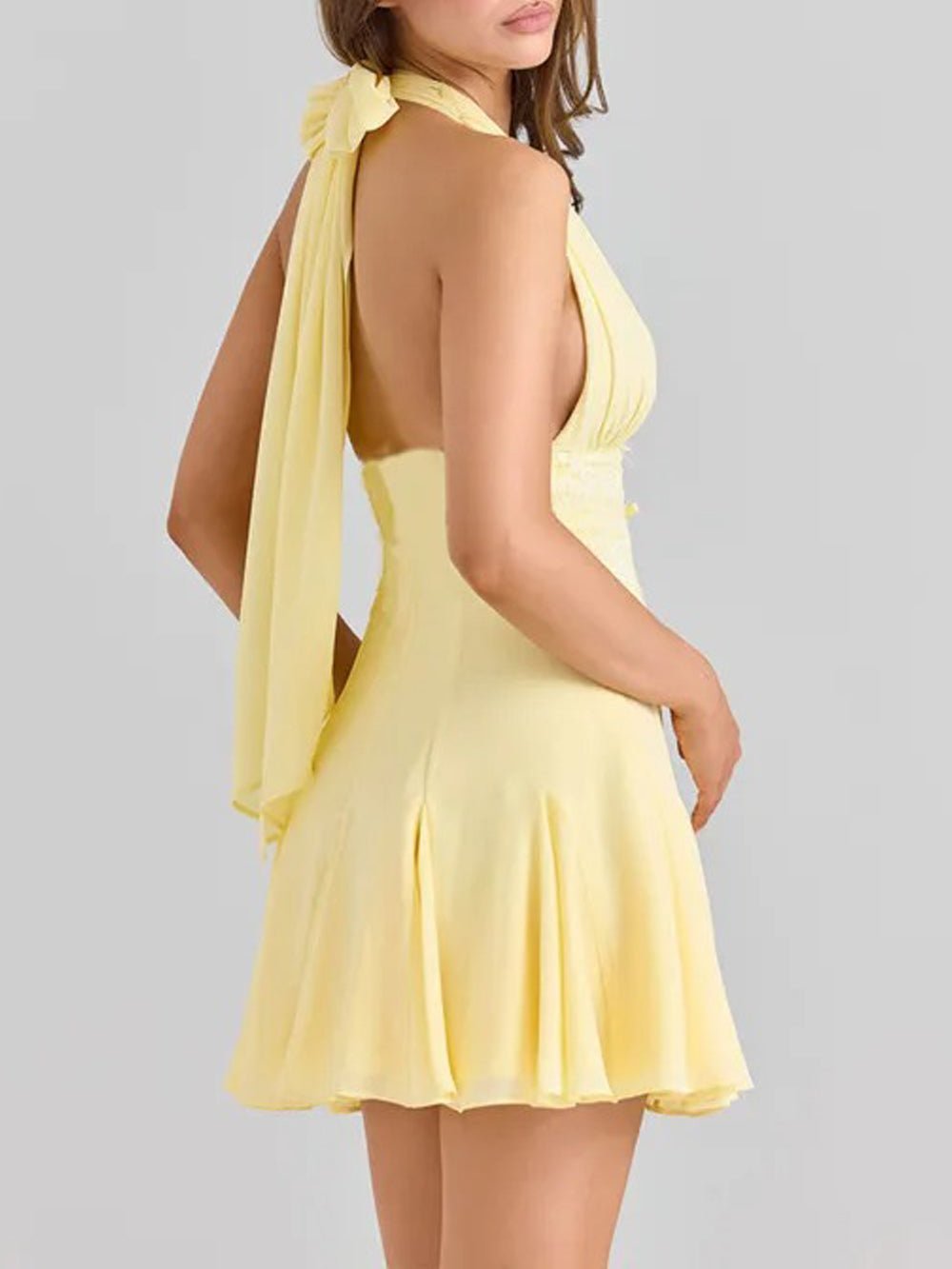 Halter Neck Deep V-Neck Lace Waistband Knife Pleat Mini Dress