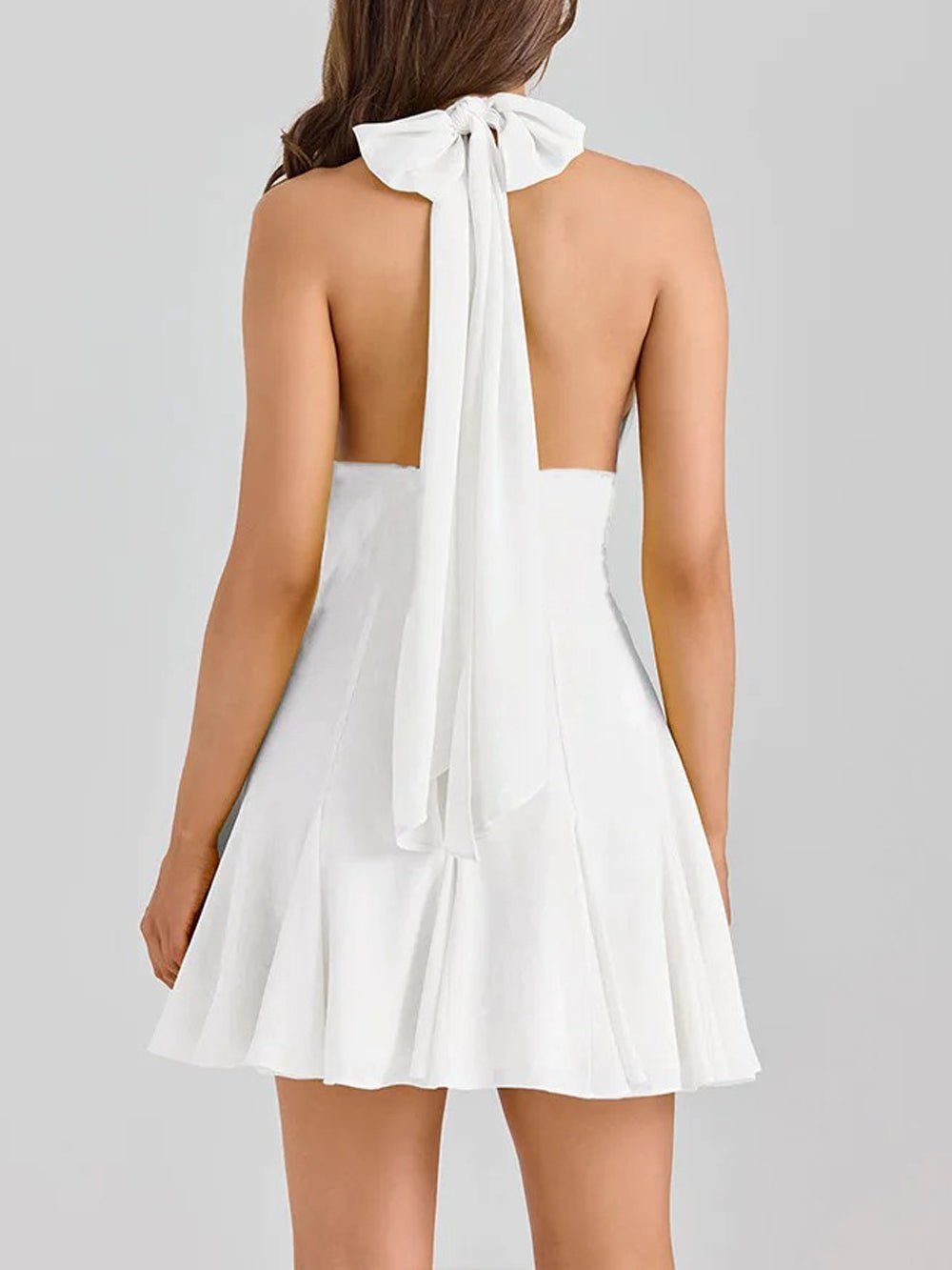 Halter Neck Deep V-Neck Lace Waistband Knife Pleat Mini Dress