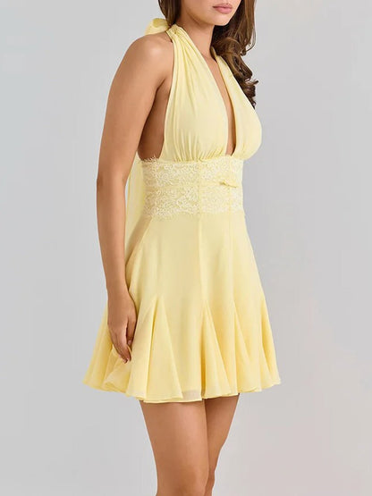 Halter Neck Deep V-Neck Lace Waistband Knife Pleat Mini Dress