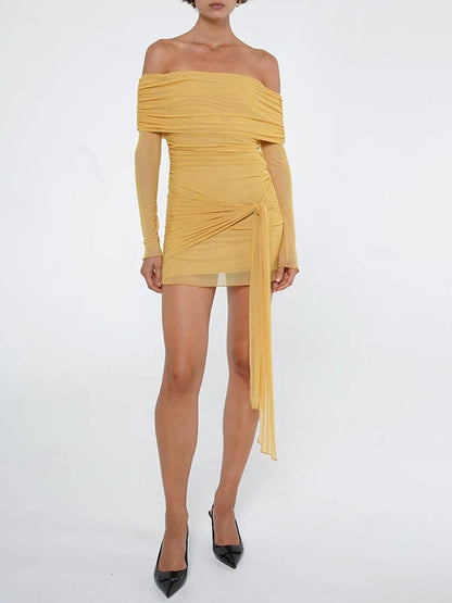 Mesh Off Shoulder Ruched Side Tie Streamer Long Sleeve Mini Dress