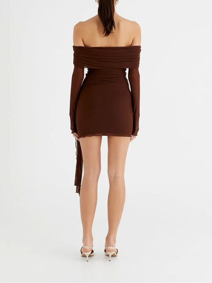 Mesh Off Shoulder Ruched Side Tie Streamer Long Sleeve Mini Dress