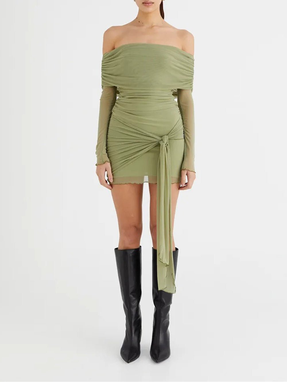 Mesh Off Shoulder Ruched Side Tie Streamer Long Sleeve Mini Dress