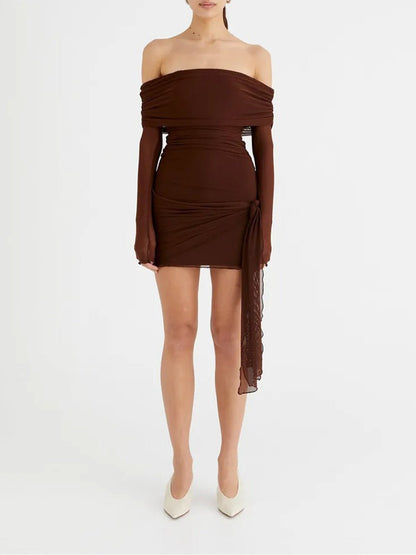 Mesh Off Shoulder Ruched Side Tie Streamer Long Sleeve Mini Dress