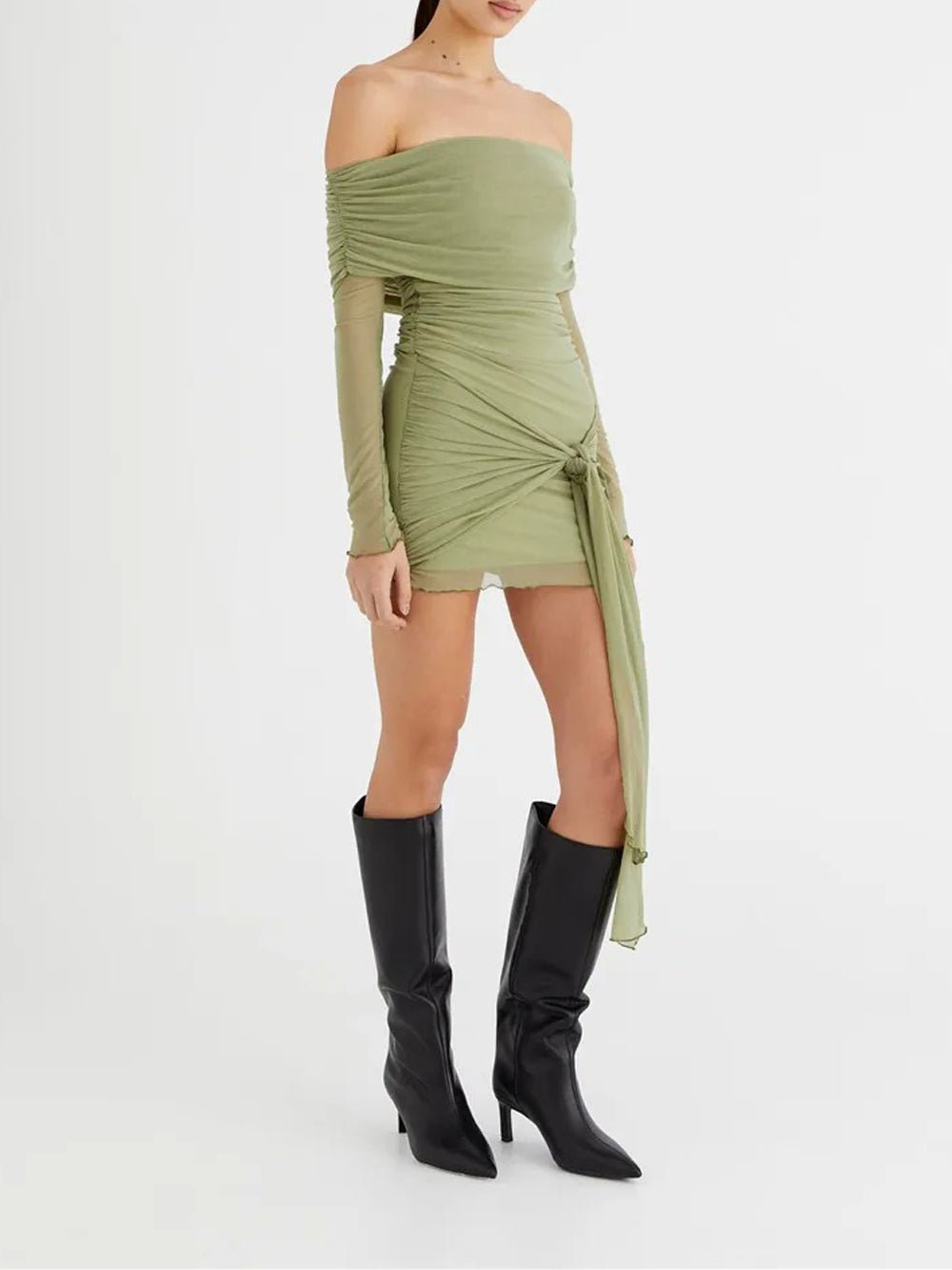 Mesh Off Shoulder Ruched Side Tie Streamer Long Sleeve Mini Dress