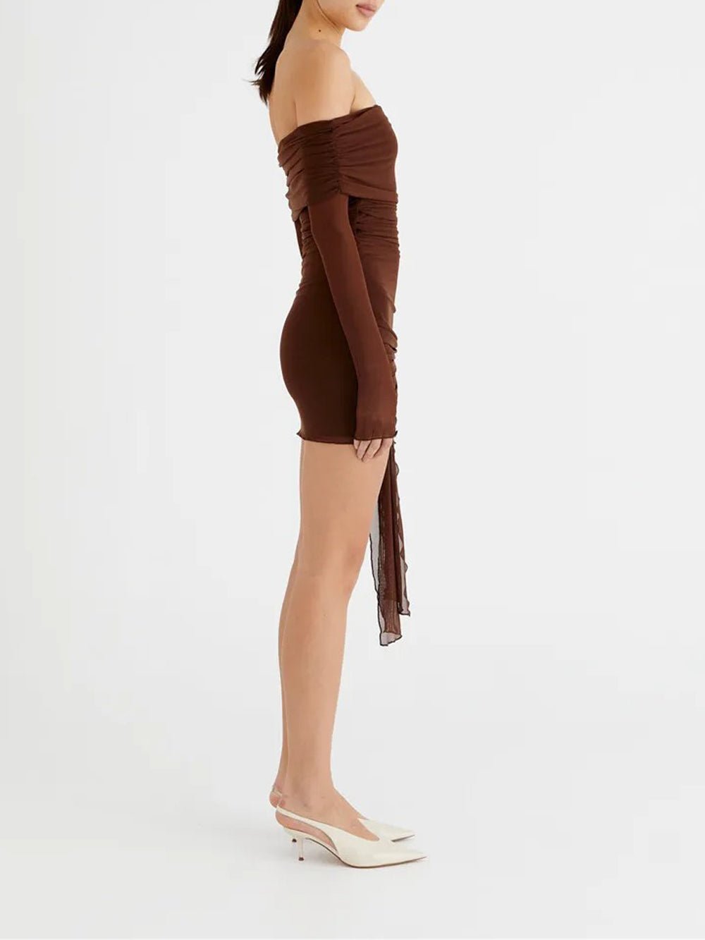Mesh Off Shoulder Ruched Side Tie Streamer Long Sleeve Mini Dress
