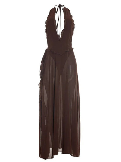 Brown Chiffon Halter Neck Deep V-Neck Lettuce Edge Ruffle Trim Thigh Slit Draped Maxi Dress