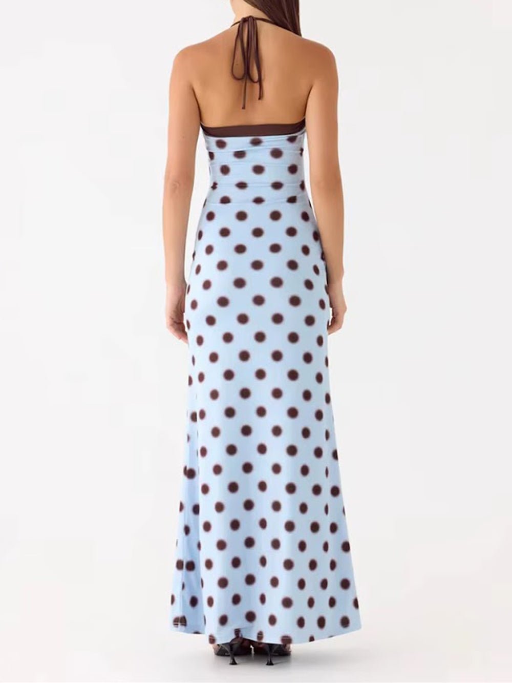 Blue Jersey Square Halter Sleeveless Polka Dot Maxi Dress