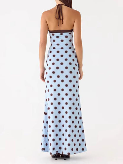 Blue Jersey Square Halter Sleeveless Polka Dot Maxi Dress