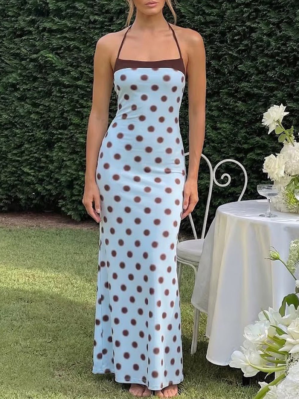 Blue Jersey Square Halter Sleeveless Polka Dot Maxi Dress