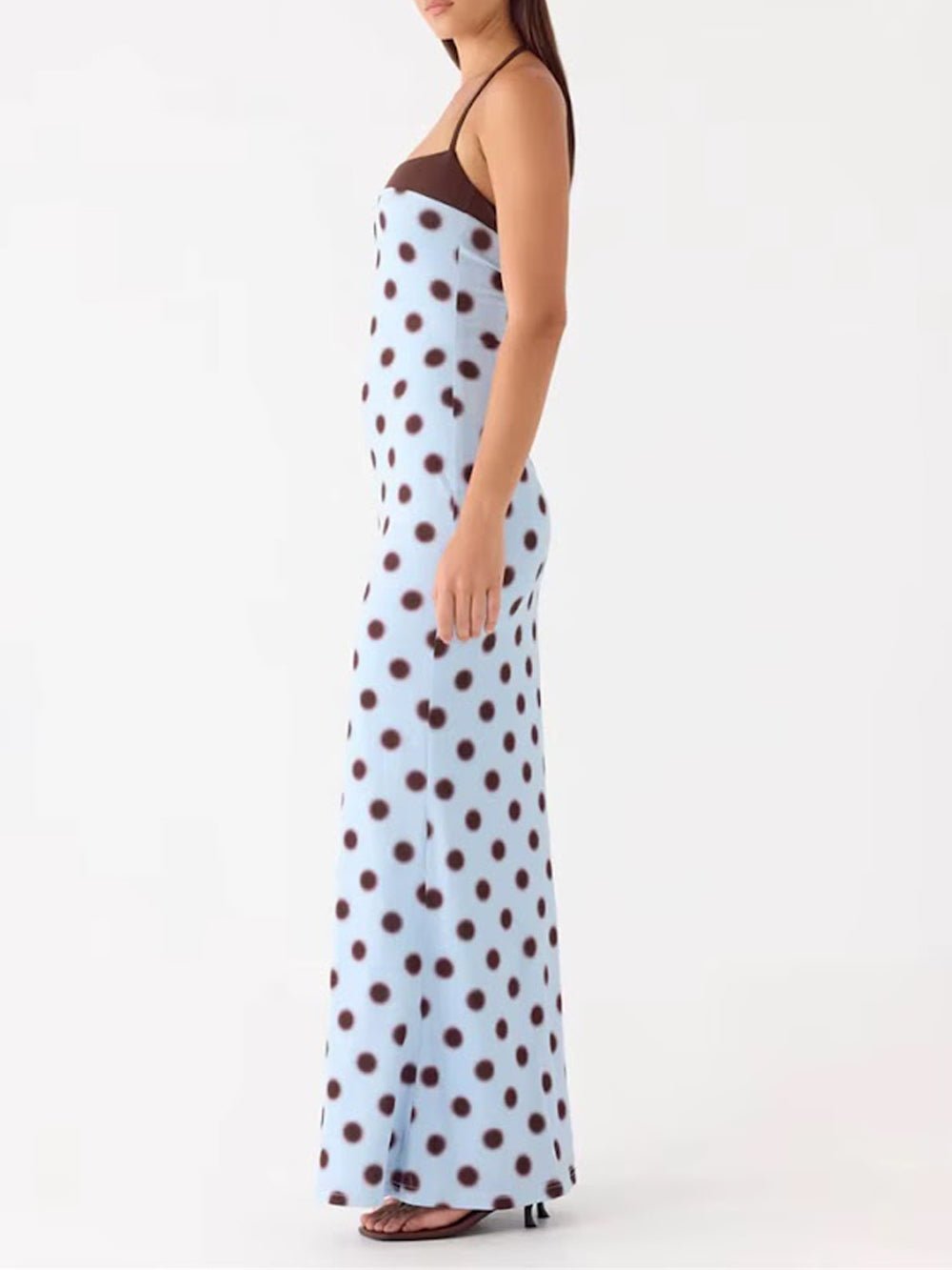 Blue Jersey Square Halter Sleeveless Polka Dot Maxi Dress
