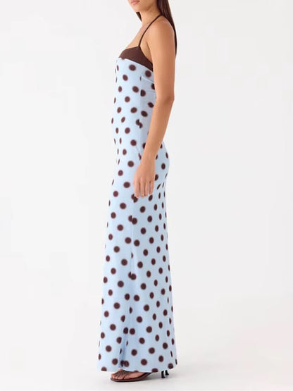 Blue Jersey Square Halter Sleeveless Polka Dot Maxi Dress