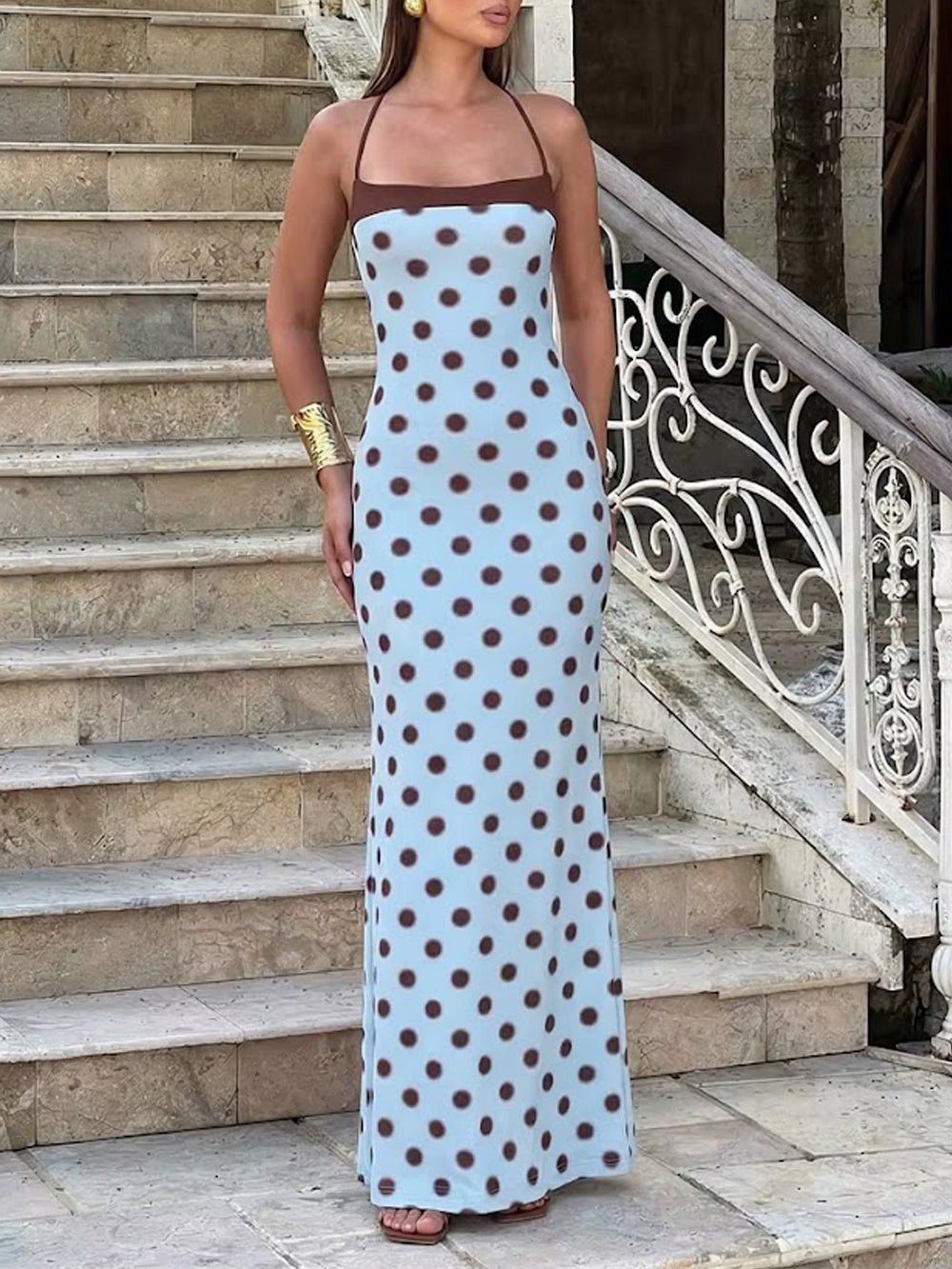 Blue Jersey Square Halter Sleeveless Polka Dot Maxi Dress