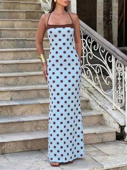 Blue Jersey Square Halter Sleeveless Polka Dot Maxi Dress