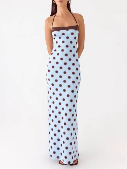 Blue Jersey Square Halter Sleeveless Polka Dot Maxi Dress