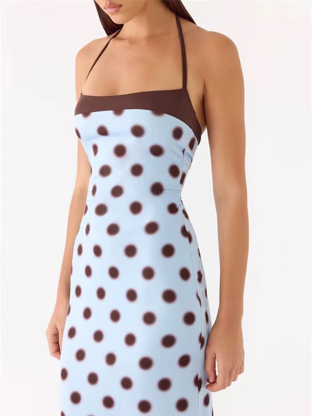 Blue Jersey Square Halter Sleeveless Polka Dot Maxi Dress