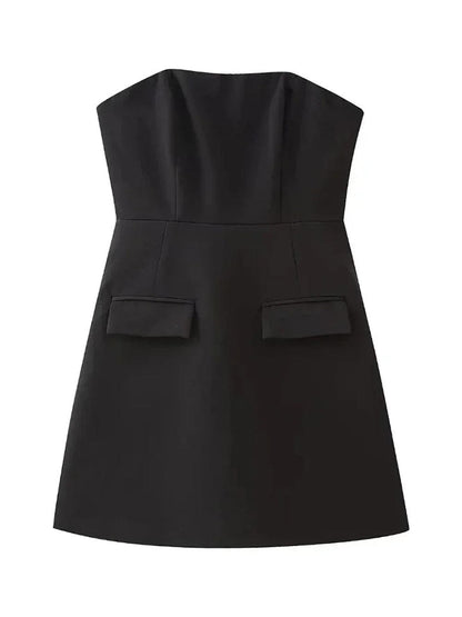 Strapless Princess Seam Flap Pocket Fit and Flare Mini Dress
