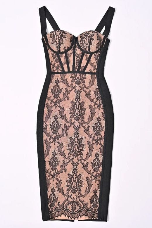 Classic Black Floral Lace Panel Sweetheart Bustier Wide Strap Bodycon Midi Dress