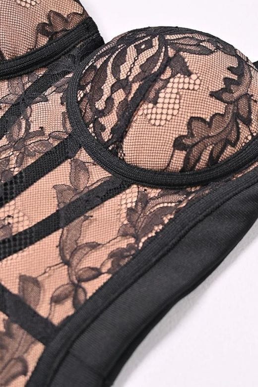 Classic Black Floral Lace Panel Sweetheart Bustier Wide Strap Bodycon Midi Dress