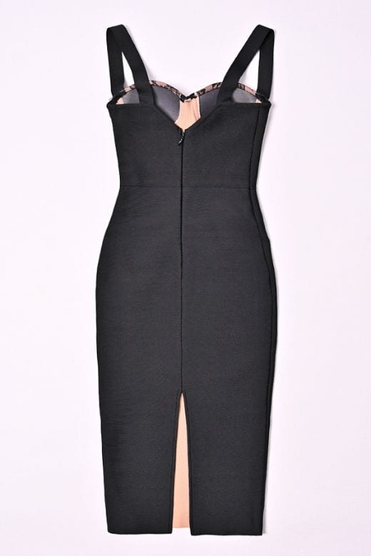 Classic Black Floral Lace Panel Sweetheart Bustier Wide Strap Bodycon Midi Dress