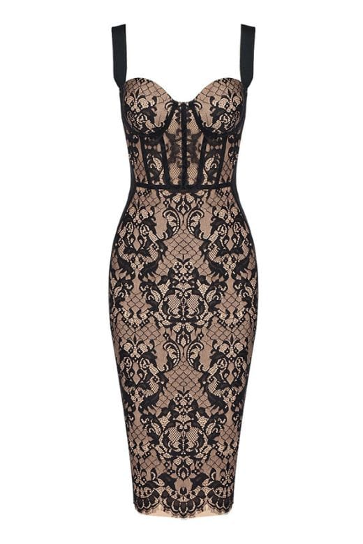Classic Black Floral Lace Panel Sweetheart Bustier Wide Strap Bodycon Midi Dress