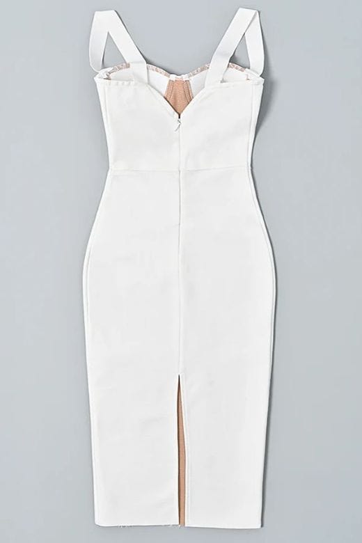 Pearl White Floral Lace Panel Sweetheart Bustier Wide Strap Bodycon Midi Dress