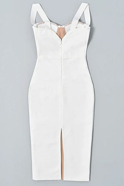 Pearl White Floral Lace Panel Sweetheart Bustier Wide Strap Bodycon Midi Dress