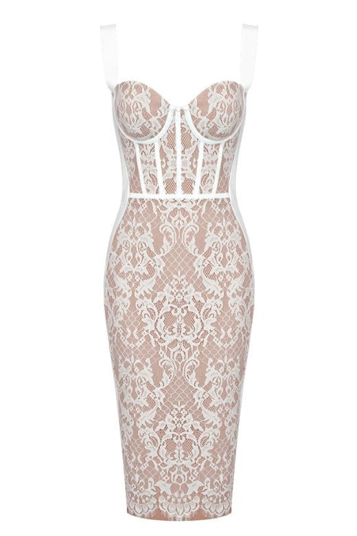 Pearl White Floral Lace Panel Sweetheart Bustier Wide Strap Bodycon Midi Dress