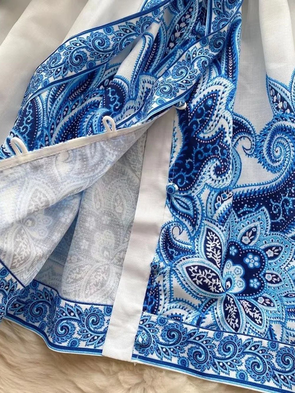 Paisley Print Deep V-Neck Puff Sleeve Tie Waist Button Front Mini Dress