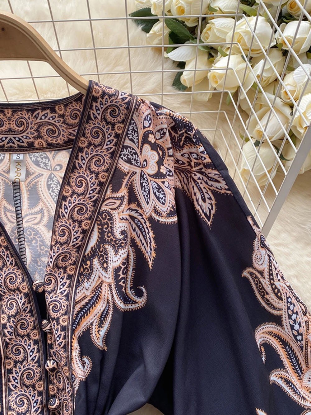Paisley Print Deep V-Neck Puff Sleeve Tie Waist Button Front Mini Dress
