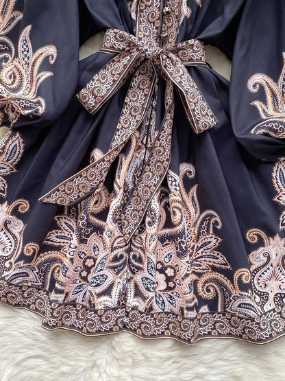 Paisley Print Deep V-Neck Puff Sleeve Tie Waist Button Front Mini Dress
