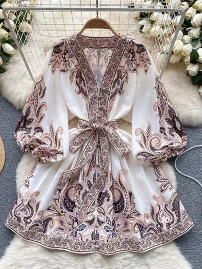Paisley Print Deep V-Neck Puff Sleeve Tie Waist Button Front Mini Dress