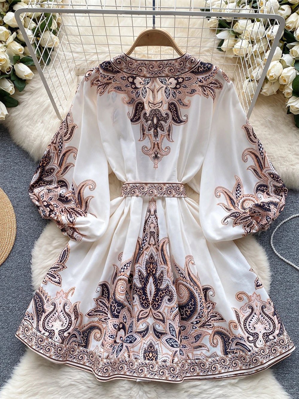 Paisley Print Deep V-Neck Puff Sleeve Tie Waist Button Front Mini Dress