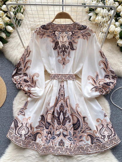 Paisley Print Deep V-Neck Puff Sleeve Tie Waist Button Front Mini Dress