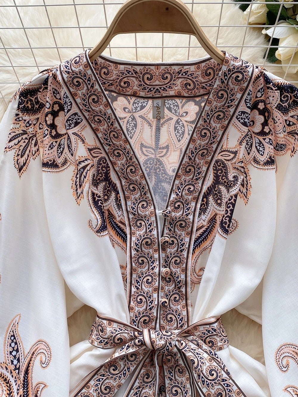 Paisley Print Deep V-Neck Puff Sleeve Tie Waist Button Front Mini Dress