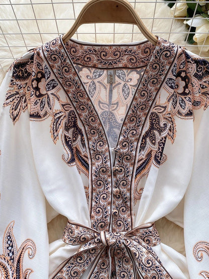 Paisley Print Deep V-Neck Puff Sleeve Tie Waist Button Front Mini Dress