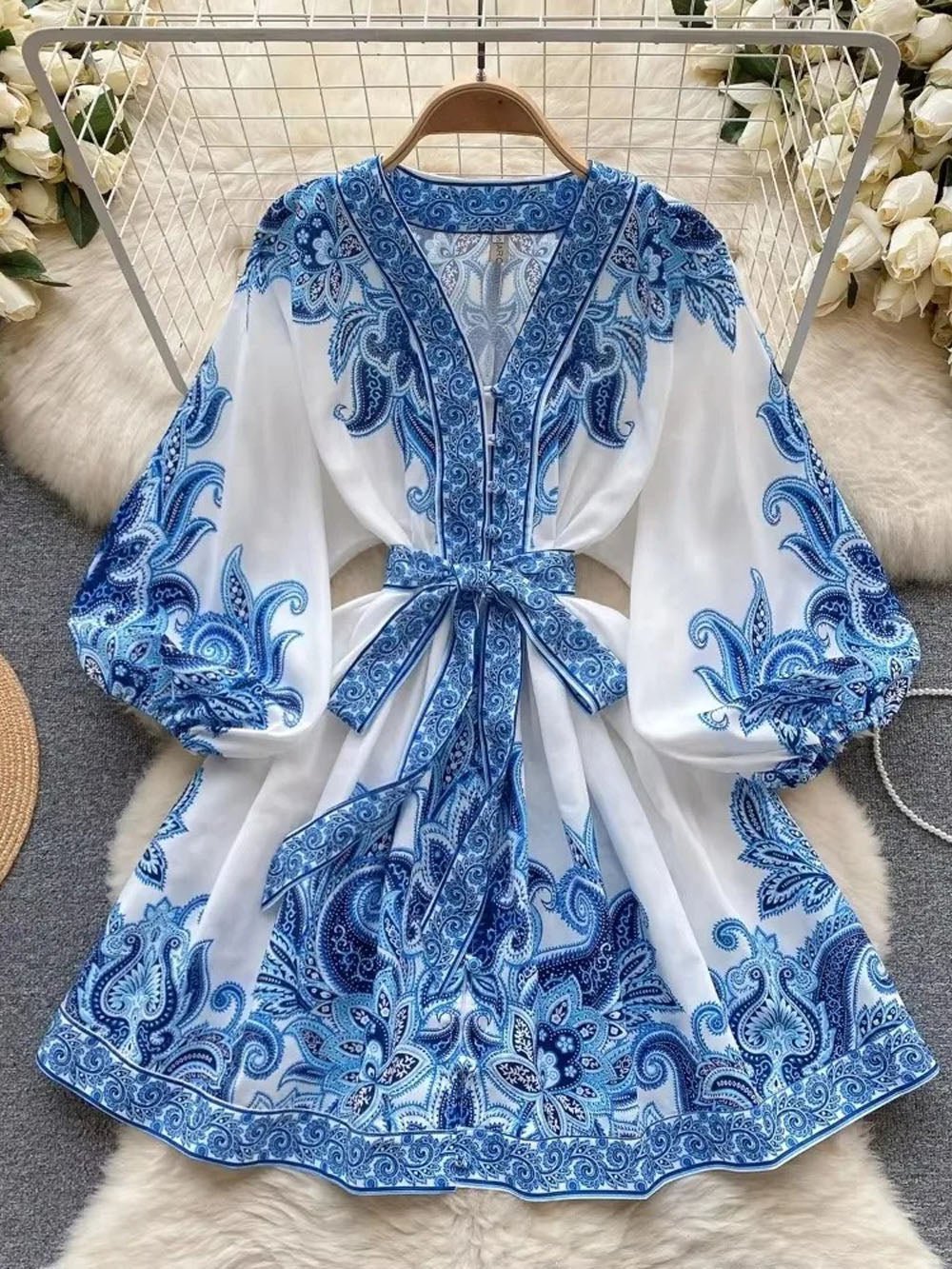 Paisley Print Deep V-Neck Puff Sleeve Tie Waist Button Front Mini Dress