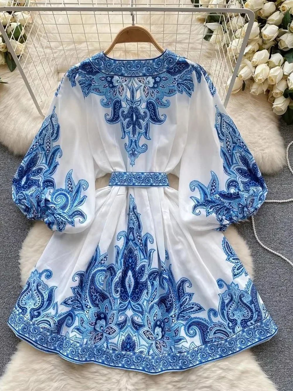 Paisley Print Deep V-Neck Puff Sleeve Tie Waist Button Front Mini Dress