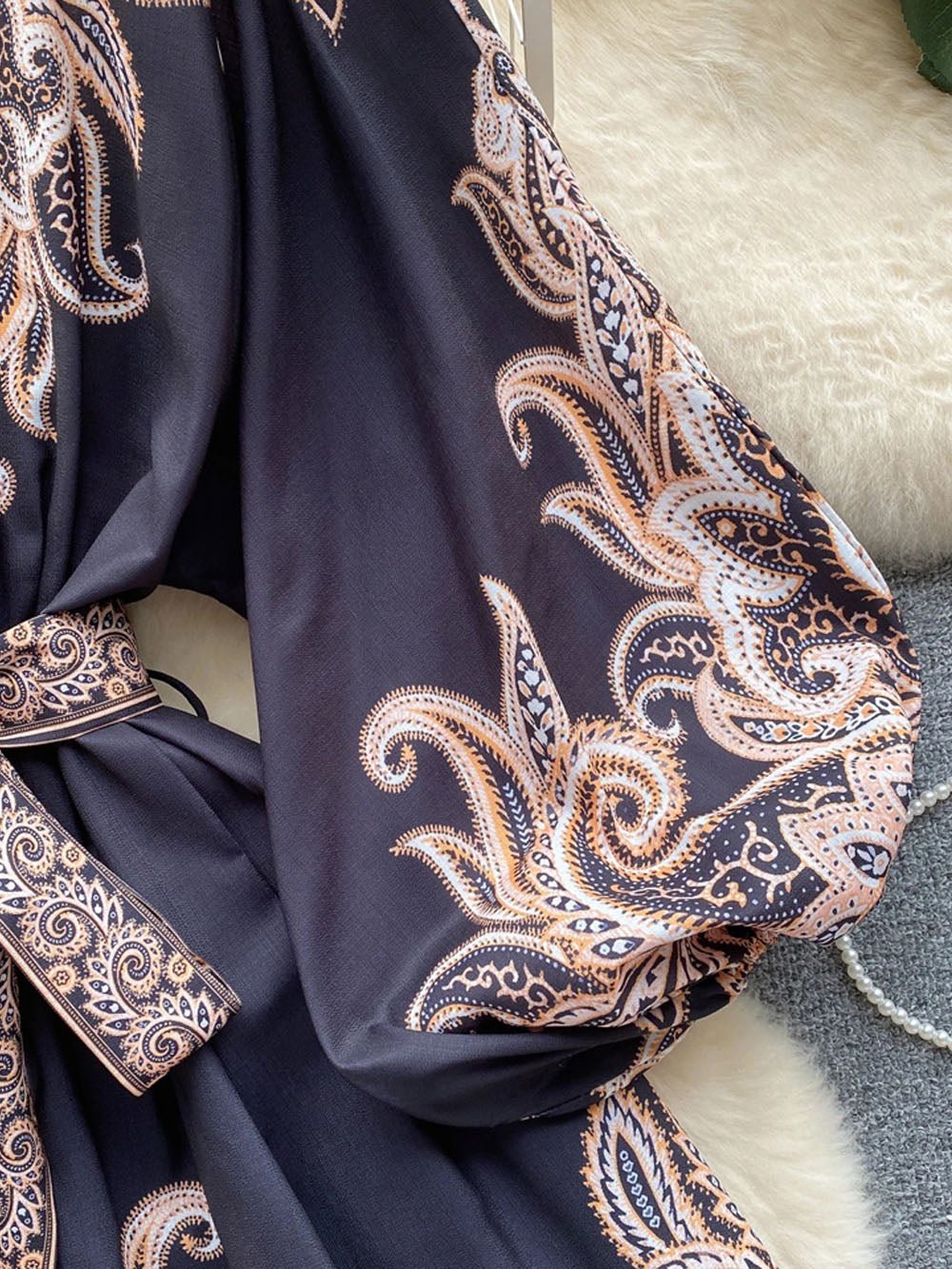 Paisley Print Deep V-Neck Puff Sleeve Tie Waist Button Front Mini Dress