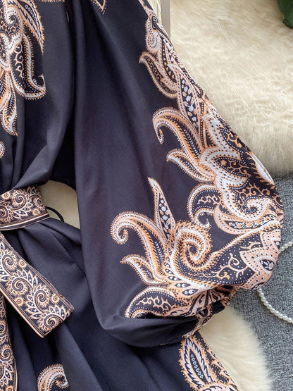 Paisley Print Deep V-Neck Puff Sleeve Tie Waist Button Front Mini Dress