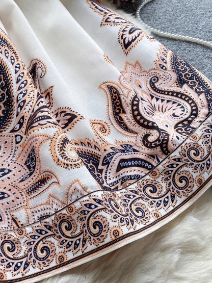 Paisley Print Deep V-Neck Puff Sleeve Tie Waist Button Front Mini Dress