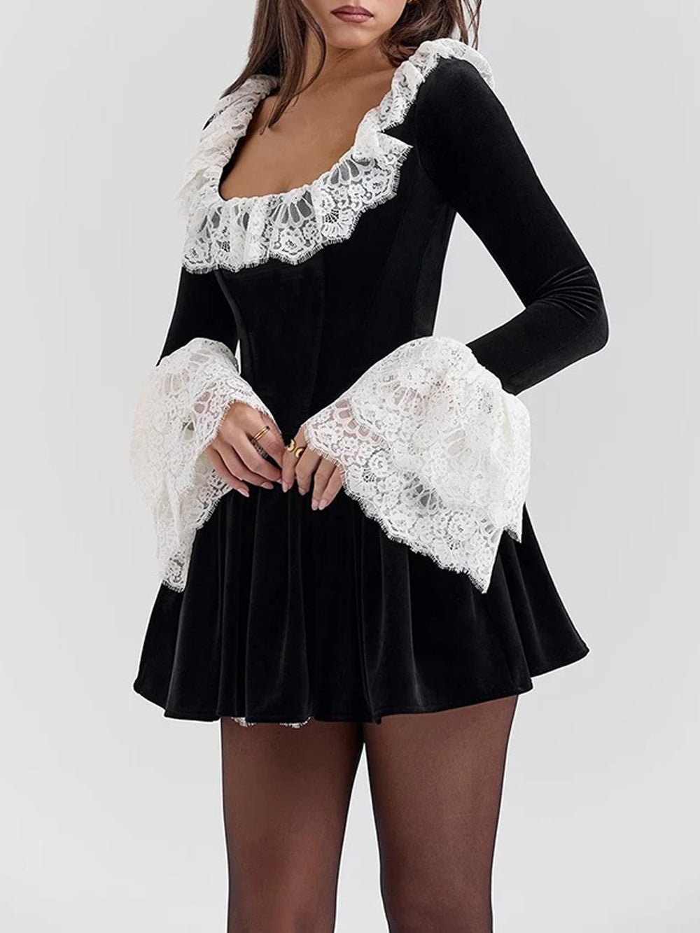 Black Velvet Lace Trim Ruffle Collar Bell Cuff Fit and Flare Mini Dress