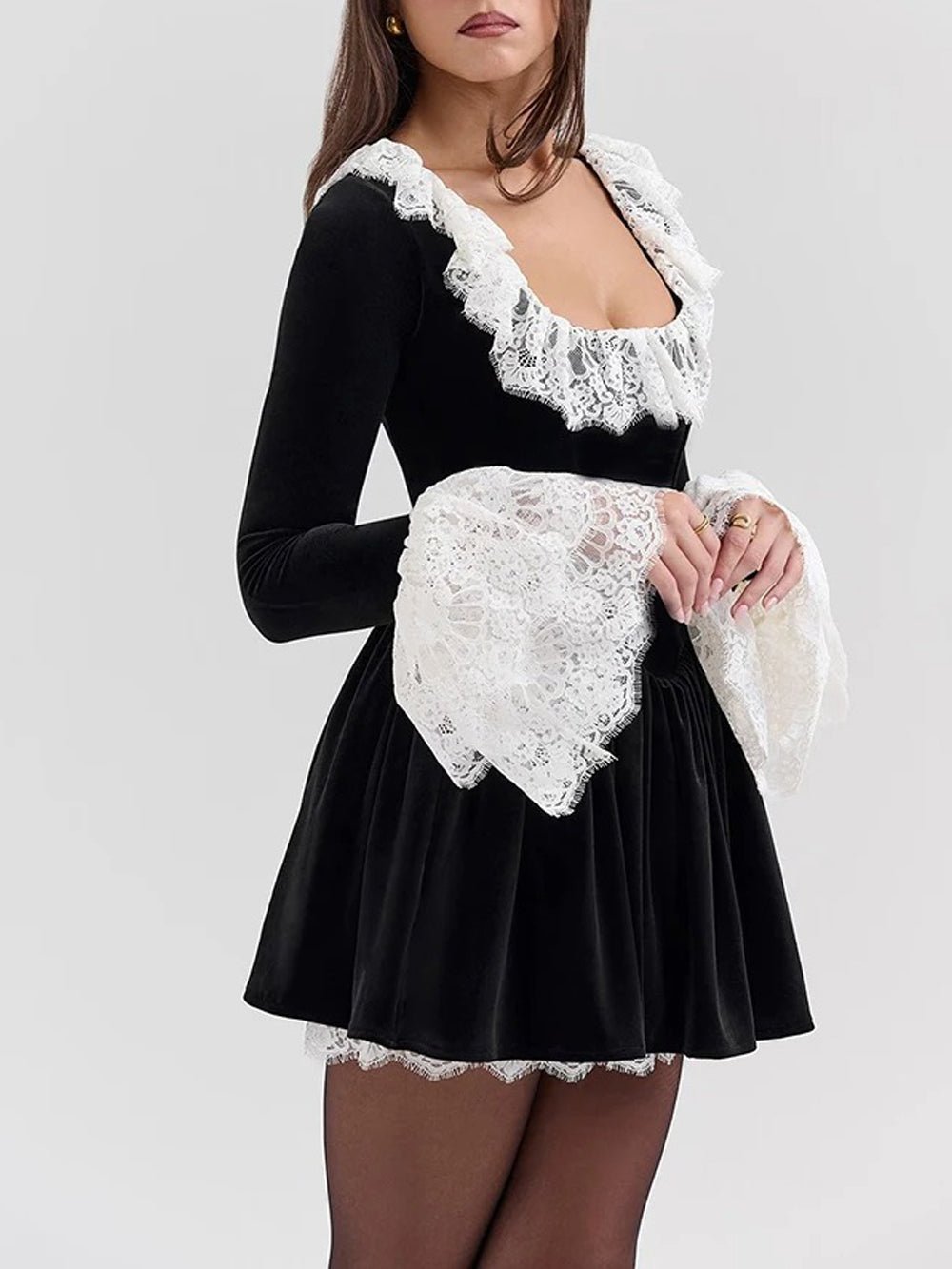 Black Velvet Lace Trim Ruffle Collar Bell Cuff Fit and Flare Mini Dress