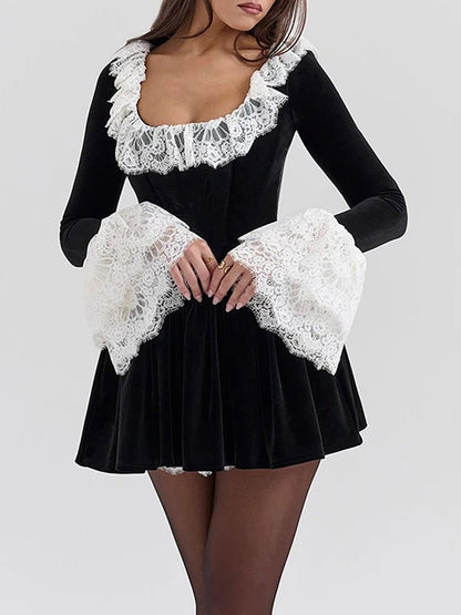 Black Velvet Lace Trim Ruffle Collar Bell Cuff Fit and Flare Mini Dress