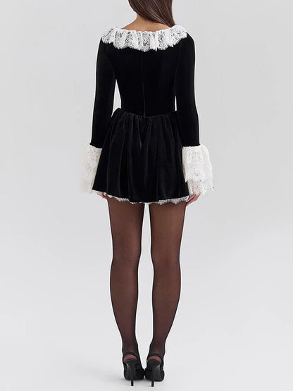 Black Velvet Lace Trim Ruffle Collar Bell Cuff Fit and Flare Mini Dress