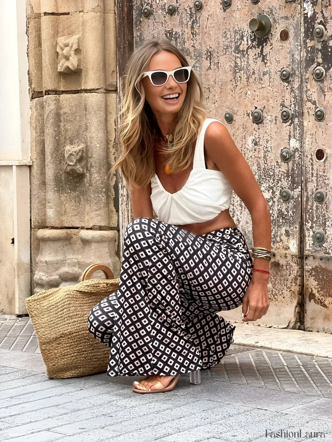 Geometrical Print Flare Pants