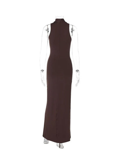 Brown Halter Mock Neck Ruched Wrap Waist High Split Maxi Dress